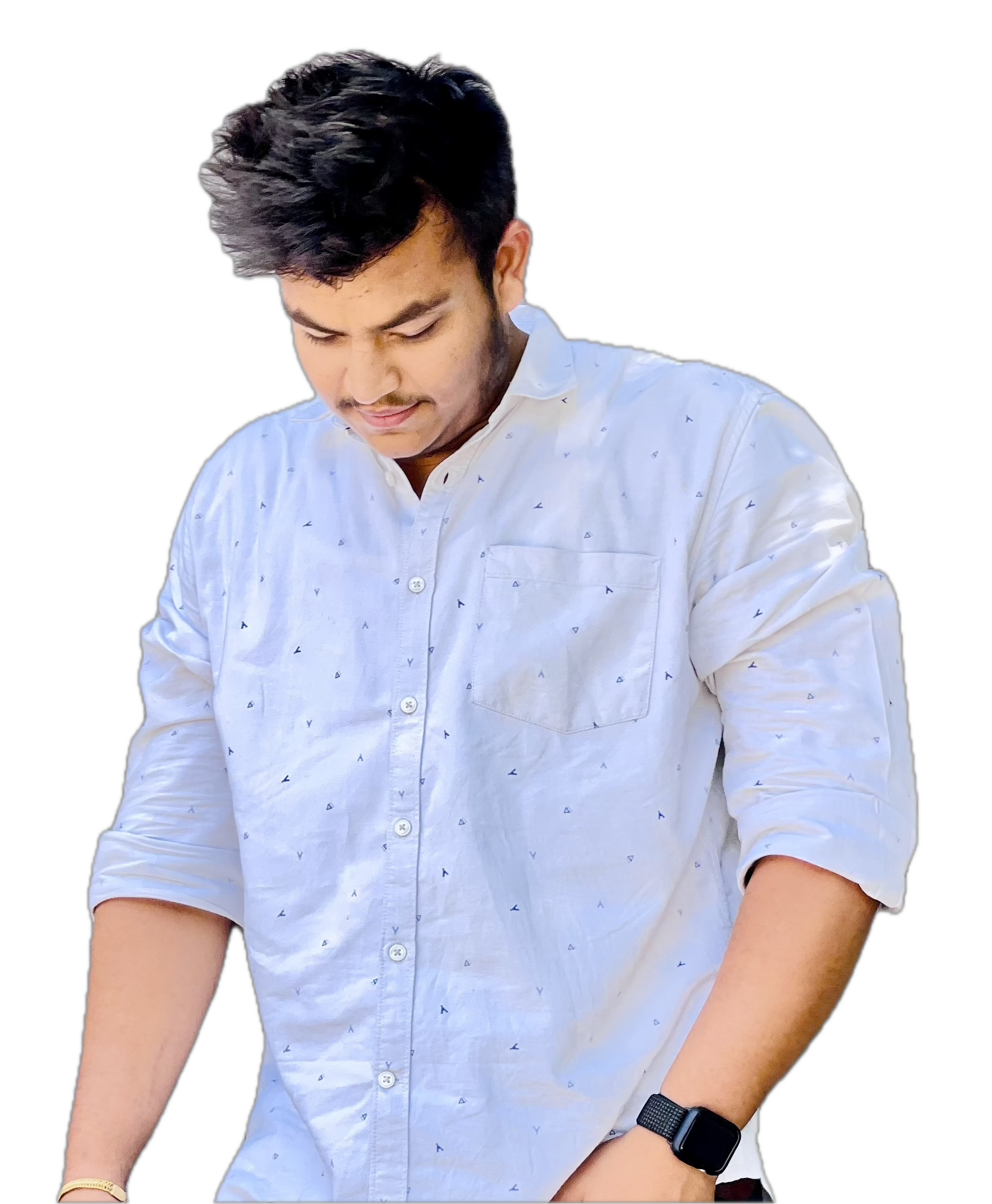 A man in a alice blue shirt with a thinking expression